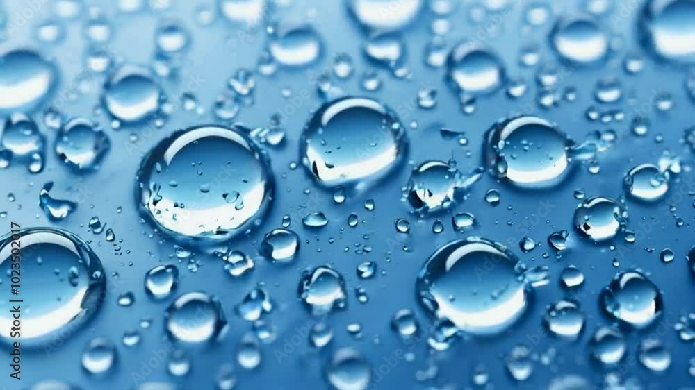 Close-up of water droplets on a blue surface, showcasing texture and reflections. Close-up of water droplets on a blue surface, showcasing texture and reflections.