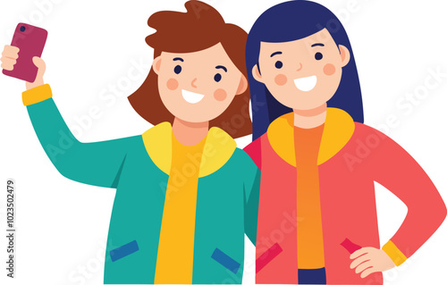 A vector illustration of two friends taking a selfie, symbolizing social connection, technology, and fun.