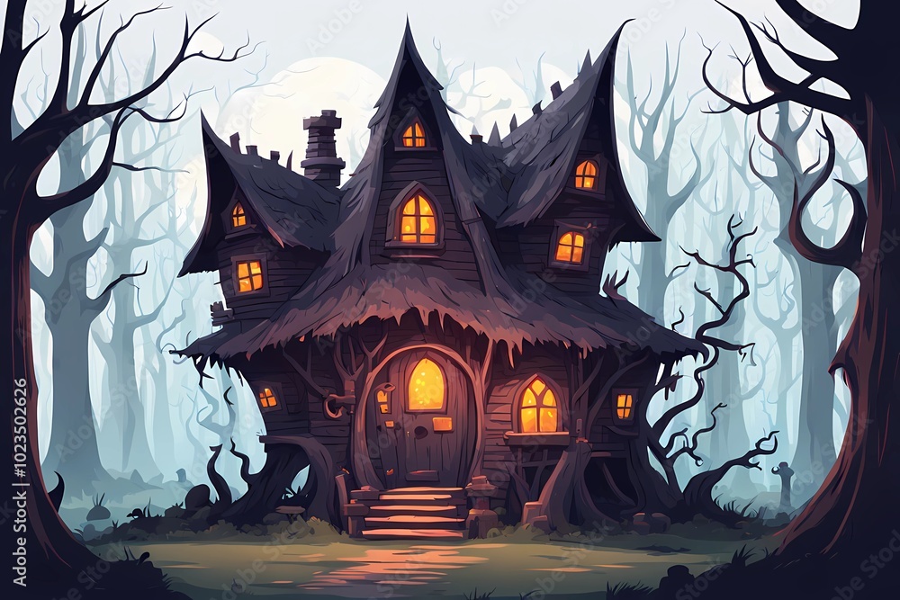 Old witch's house. Strange but dark forest fantasy house, evil building, mysterious and scary witch, tree house, cabin, cartoon vector illustration Old witch's house. Strange but dark forest fantasy house, evil building, mysterious and scary witch, tree house, cabin, cartoon vector illustration