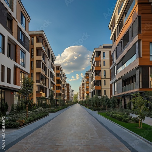 Modern residential apartment complex with outdoor walkway showcasing contemporary architectural design and greenery