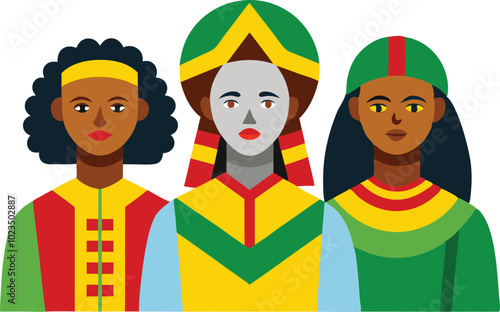 A vector illustration of three people dressed in traditional cultural attire, symbolizing diversity, culture, and identity.