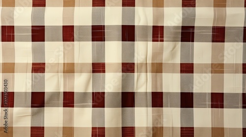 A textured fabric with a subtle sheen, featuring a plaid pattern with alternating red, grey, and brown squares on a cream background.