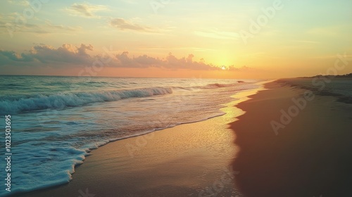 Golden Sunset Over a Sandy Beach with Ocean Waves