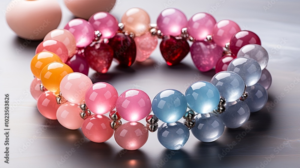 A vibrant gemstone bracelet featuring a rainbow of colors, from warm orange hues to cool blues, each bead reflecting light with a captivating shimmer. A vibrant gemstone bracelet featuring a rainbow of colors, from warm orange hues to cool blues, each bead reflecting light with a captivating shimmer.