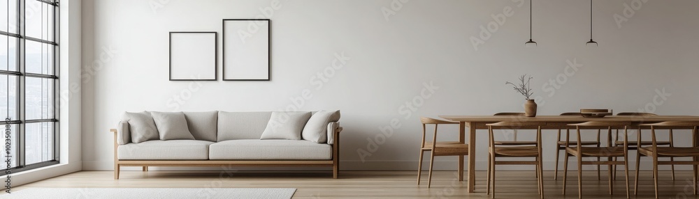 Modern interior of a living room featuring a cozy couch and a minimalist dining area with wooden furniture and natural light. Modern interior of a living room featuring a cozy couch and a minimalist dining area with wooden furniture and natural light.