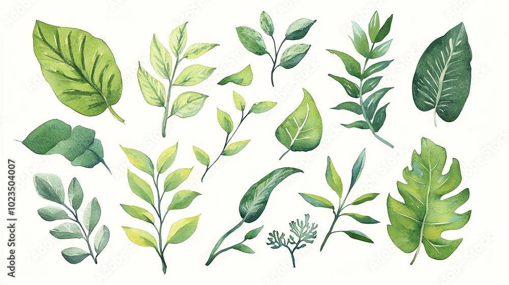 A collection of hand-drawn green leaves showcasing various shapes and sizes, ideal for nature-themed designs and projects. A collection of hand-drawn green leaves showcasing various shapes and sizes, ideal for nature-themed designs and projects.