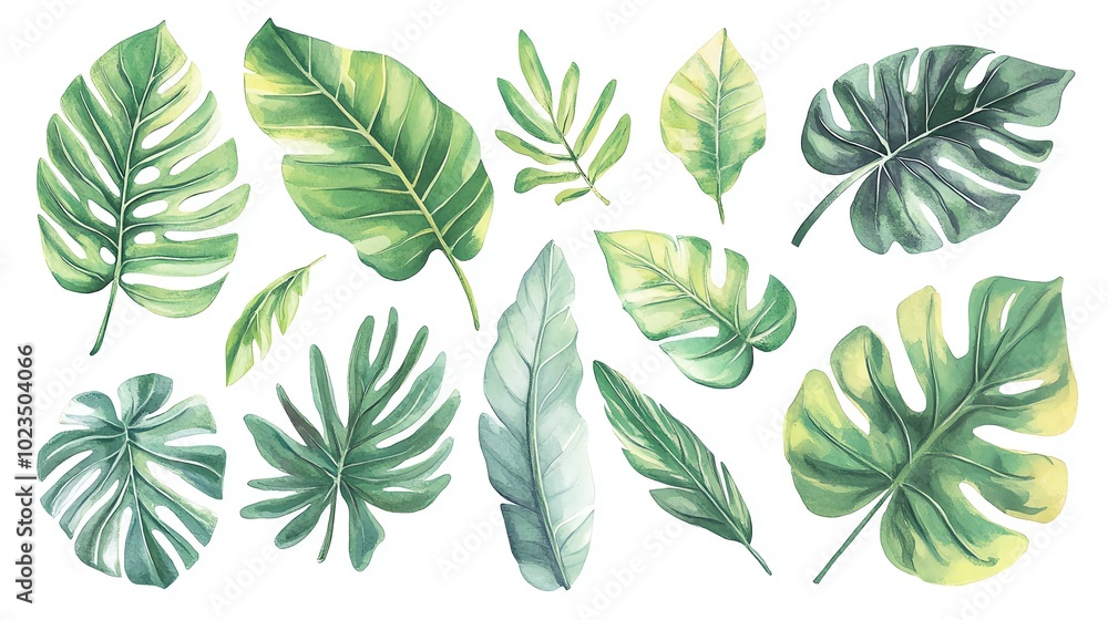 A collection of tropical leaves featuring various shades of green, perfect for nature-themed designs and eco-friendly projects. A collection of tropical leaves featuring various shades of green, perfect for nature-themed designs and eco-friendly projects.