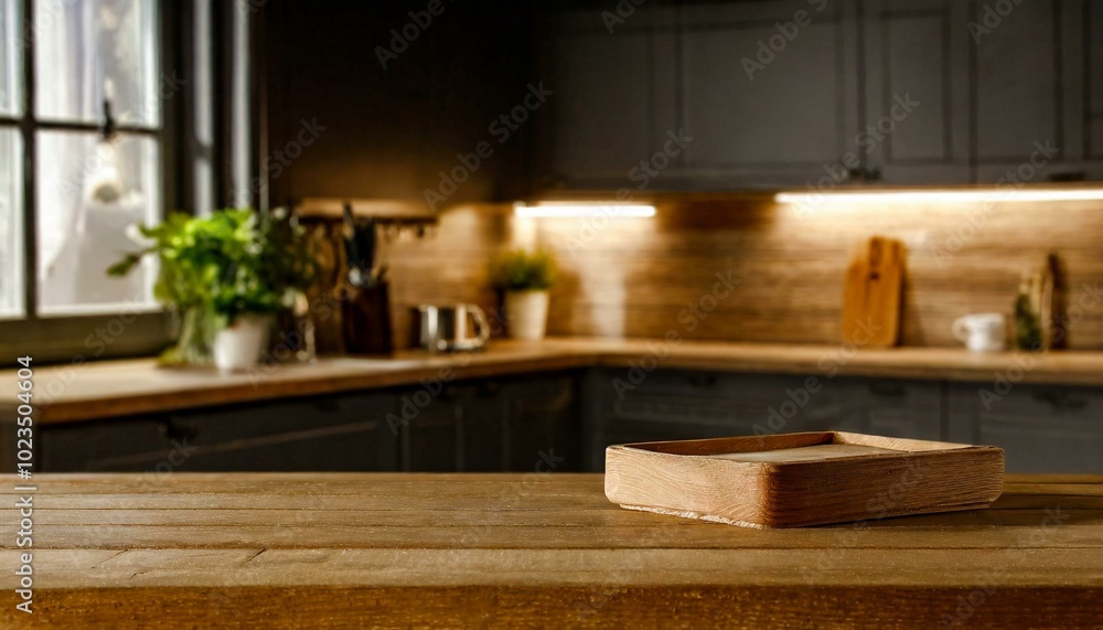 Wooden desk of free space and kitchen interior Wooden desk of free space and kitchen interior