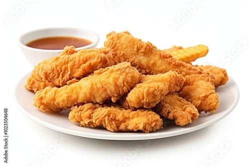 Crispy fried chicken strips plate food white background.