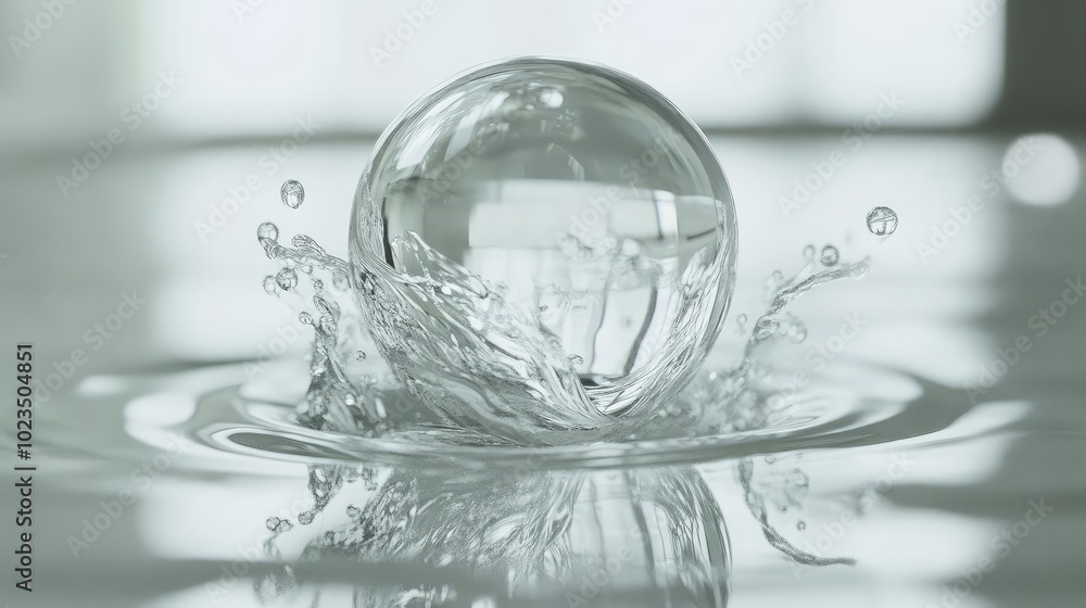 A transparent glass ball bouncing on a reflective surface, with motion blur capturing the point of impact and upward movement A transparent glass ball bouncing on a reflective surface, with motion blur capturing the point of impact and upward movement