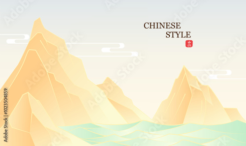 Hand painted Chinese style fashion landscape illustration green water and yellow mountains