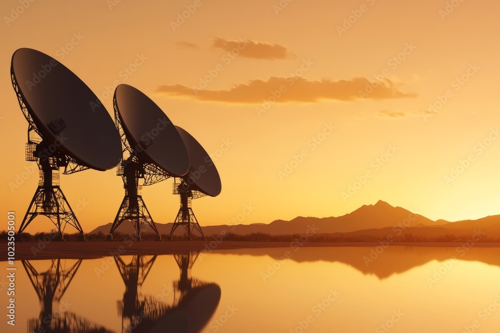 Panoramic View of Southoak National Park with Satellite Dishes Silhouetted Against an Orange Sunset Panoramic View of Southoak National Park with Satellite Dishes Silhouetted Against an Orange Sunset