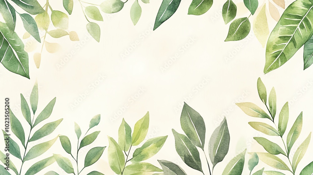 A soothing watercolor illustration of green leaves arranged in a frame, perfect for nature-themed designs and backgrounds. A soothing watercolor illustration of green leaves arranged in a frame, perfect for nature-themed designs and backgrounds.