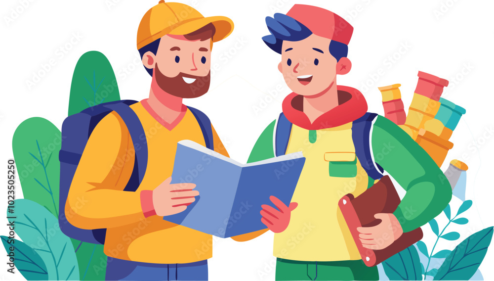 A vector illustration of two friends with backpacks, symbolizing adventure, travel, and exploration together.