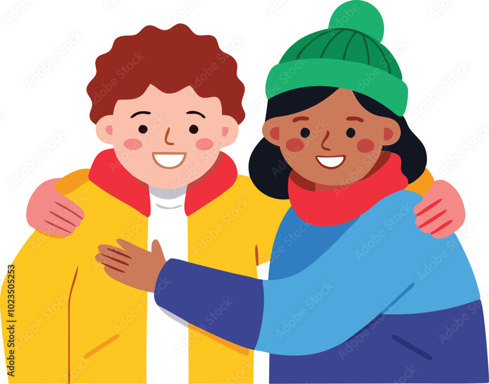 A vector illustration of two children hugging each other, symbolizing friendship, bonding, and care in childhood. A vector illustration of two children hugging each other, symbolizing friendship, bonding, and care in childhood.