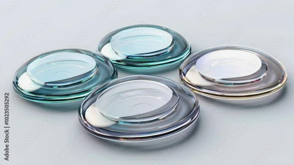 A collection of four transparent lenses in varying shades, showcasing their curved shapes. A collection of four transparent lenses in varying shades, showcasing their curved shapes.
