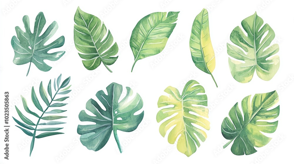 A vibrant collection of various green leaves, showcasing diverse shapes and textures. Perfect for nature-themed designs. A vibrant collection of various green leaves, showcasing diverse shapes and textures. Perfect for nature-themed designs.