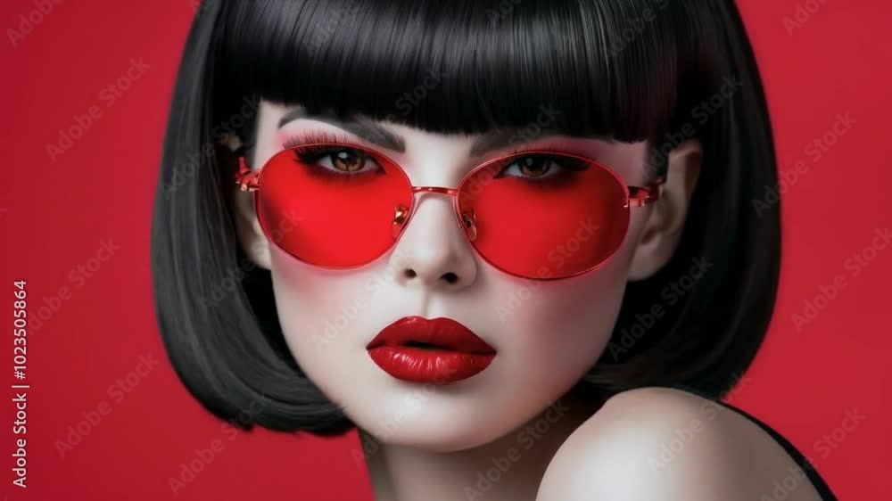 A striking portrait of a woman with red sunglasses and bold makeup against a vibrant background. A striking portrait of a woman with red sunglasses and bold makeup against a vibrant background.
