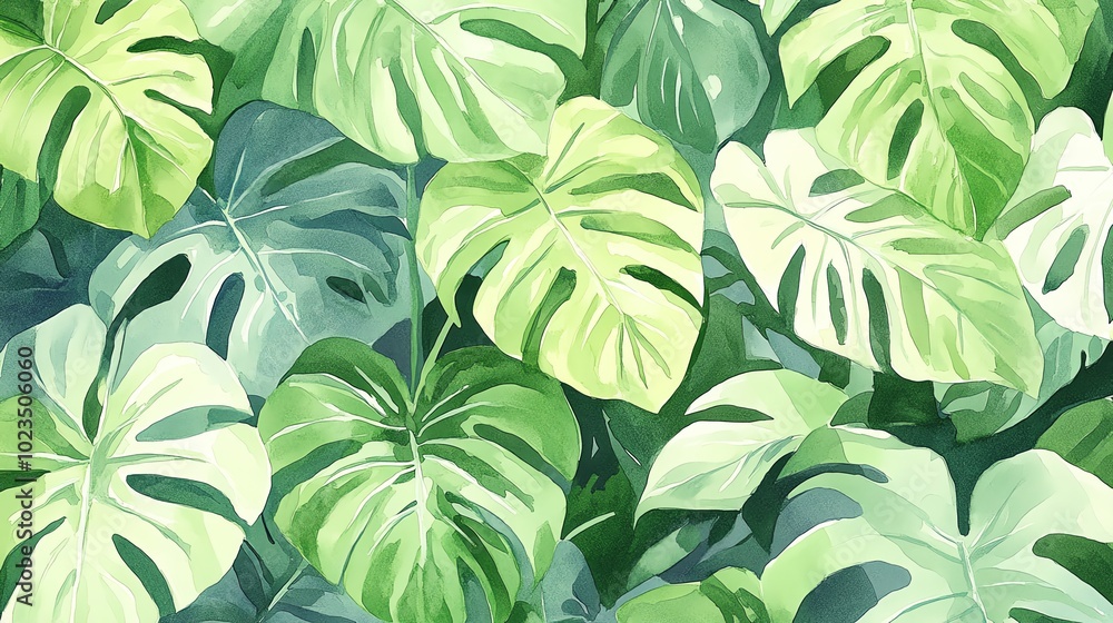 A vibrant illustration of lush green monstera leaves, showcasing their unique texture and beauty in a botanical composition. A vibrant illustration of lush green monstera leaves, showcasing their unique texture and beauty in a botanical composition.