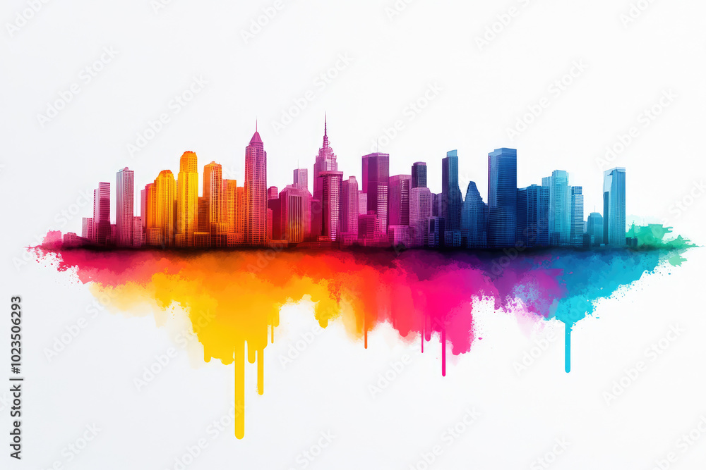 Fototapeta premium Vibrant skyline silhouette in colorful watercolor on white background