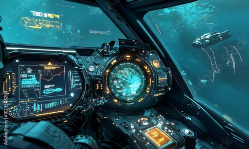 Wallpaper Mural A futuristic cockpit with advanced controls and displays in a sci-fi underwater setting. Torontodigital.ca