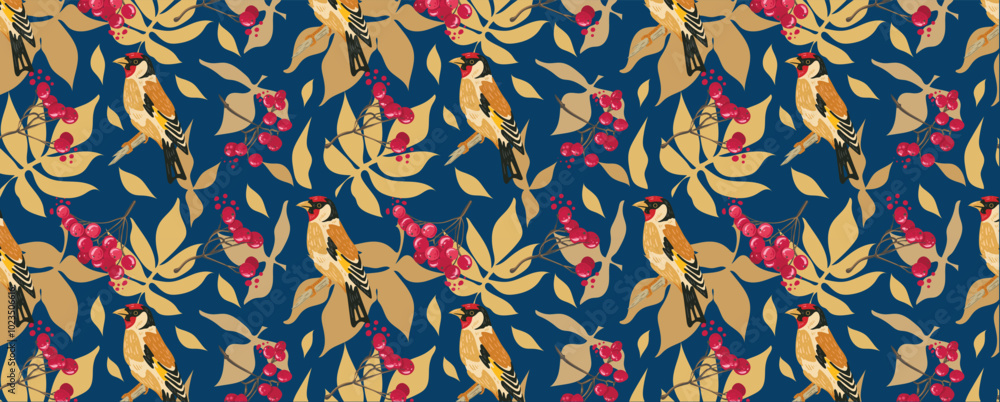 Birds, berries and leaves pattern. Viburnum on a twig and goldfinch. Vector seamless organic background. For fabric, wallpaper, textile, cards. Birds, berries and leaves pattern. Viburnum on a twig and goldfinch. Vector seamless organic background. For fabric, wallpaper, textile, cards.