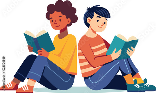 Obraz na płótnie A vector illustration of two boys reading books, symbolizing education, learning, friendship, and shared study moments. w salonie