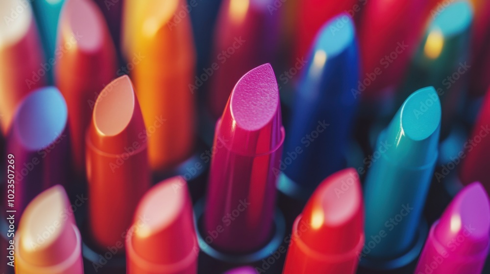 Bold lipstick colors, close-up of vibrant lipstick tubes arranged neatly, soft lighting Bold lipstick colors, close-up of vibrant lipstick tubes arranged neatly, soft lighting