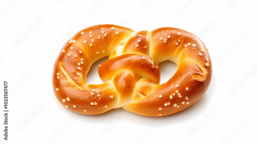 A single fresh pretzel topped with coarse salt on a white background. A single fresh pretzel topped with coarse salt on a white background.