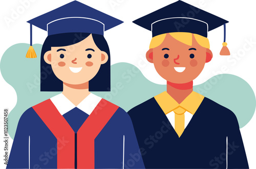 A vector illustration of two graduates in caps and gowns, symbolizing achievement, education, and friendship.