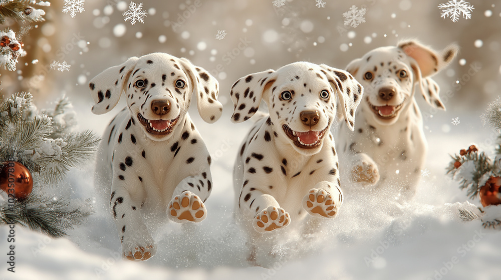 An artistic Christmas card design with playful Dalmatian puppies ...