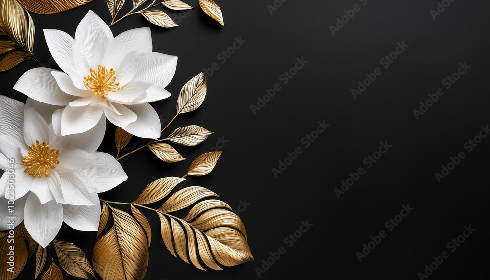 Elegant white flowers and golden leaves on black background with copy space Elegant white flowers and golden leaves on black background with copy space