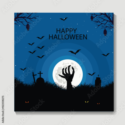 Halloween cemetery landscape with zombie hands and tombstones, vector background. Halloween holiday trick or treat party poster  with midnight moon and cemetery with graves and undead zombie hands