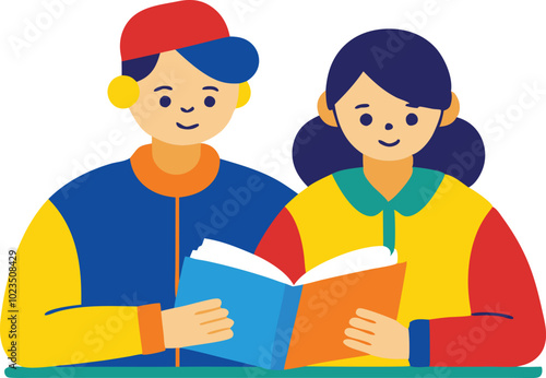 A vector illustration of two children reading a book together, symbolizing learning, education, and friendship.