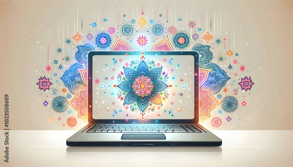 Flat Laptop on White Surface with Floating Holographic Rangoli Symbols - Brightly Lit Vector Illustration for Smart Business Concepts Flat Laptop on White Surface with Floating Holographic Rangoli Symbols - Brightly Lit Vector Illustration for Smart Business Concepts