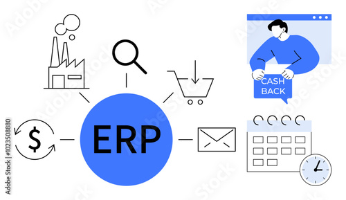 Central blue ERP element connected to icons for industry, search cart, dollar, mail, calendar, clock and cashback. Ideal for business management, efficiency, integration, finance, scheduling