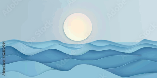 A seagull flying over the ocean at sunrise. The retro flat-style illustration features vibrant sun rays spreading across the sky, capturing the essence of freedom and tranquility by the seaside.