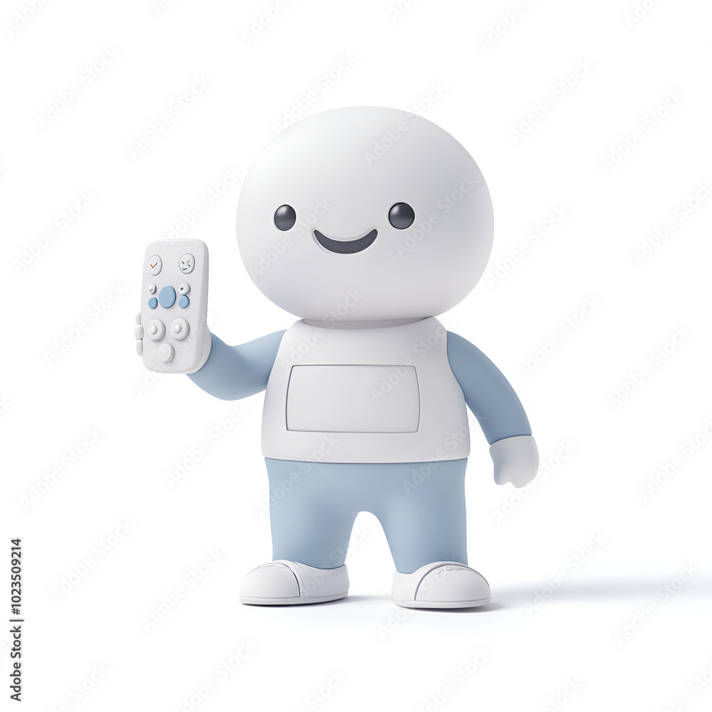 Fototapeta premium Cute cartoon robot character holding a remote control and smiling