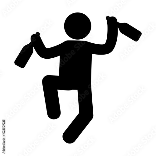 stick figure drunk man. happy with two bottles icon.