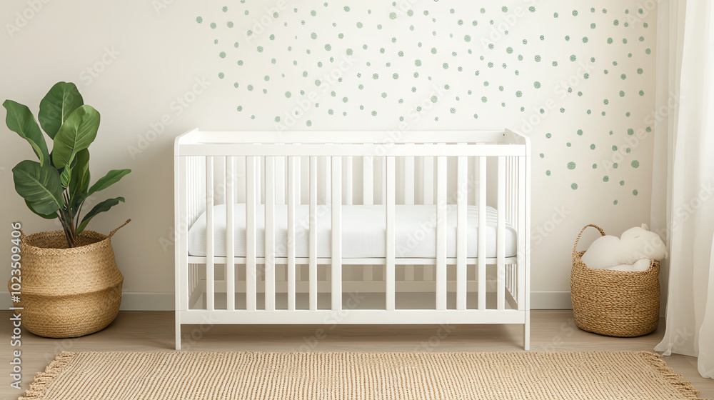 Minimalist nursery featuring a modern white crib surrounded by decorative plants and cozy decor, perfect for creating a serene and welcoming baby environment. Minimalist nursery featuring a modern white crib surrounded by decorative plants and cozy decor, perfect for creating a serene and welcoming baby environment.