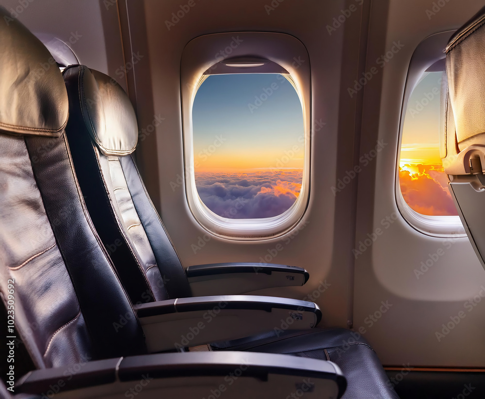 Airplane window view of clouds and sky from airplane seat. Travel concept Airplane window view of clouds and sky from airplane seat. Travel concept