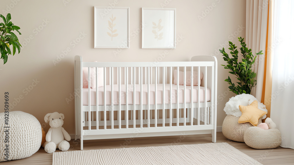 A serene nursery featuring a white crib, soft pastel bedding, cozy decor, and gentle lighting, perfect for a peaceful atmosphere for infants. A serene nursery featuring a white crib, soft pastel bedding, cozy decor, and gentle lighting, perfect for a peaceful atmosphere for infants.