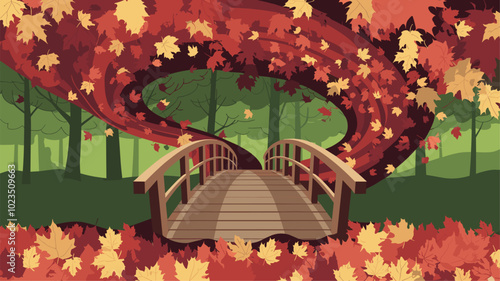 Bridge disappearing into swirling vortex of autumn leaves.