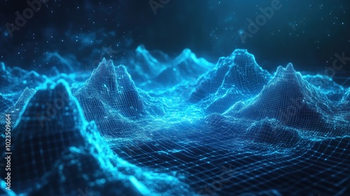 A digital representation of mountainous terrain in a futuristic, blue-toned landscape.