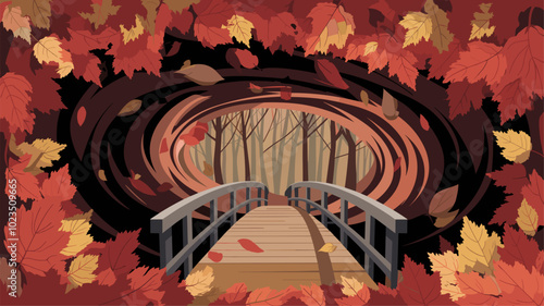 Bridge disappearing into swirling vortex of autumn leaves.