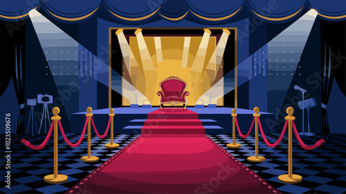 Red carpet leading to brightly lit stage, symbolizing journey to success. photo