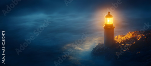 A lighthouse is lit up in the dark, with the light shining through the mist