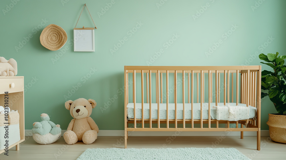A cozy nursery featuring a wooden crib, a plush teddy bear, and soft decor against a soothing green wall, creating a perfect atmosphere for a baby's room.