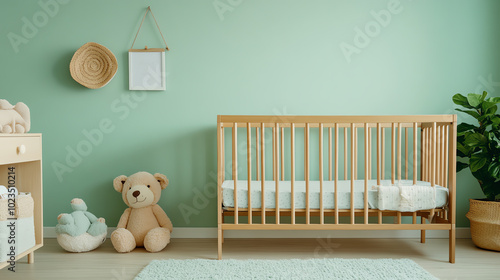 Obraz na płótnie A cozy nursery featuring a wooden crib, a plush teddy bear, and soft decor against a soothing green wall, creating a perfect atmosphere for a baby's room. w salonie