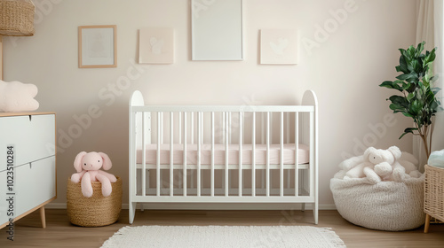 A cozy nursery featuring a white crib, soft pastel bedding, and plush toys, creating a serene and welcoming atmosphere for infants and parents.